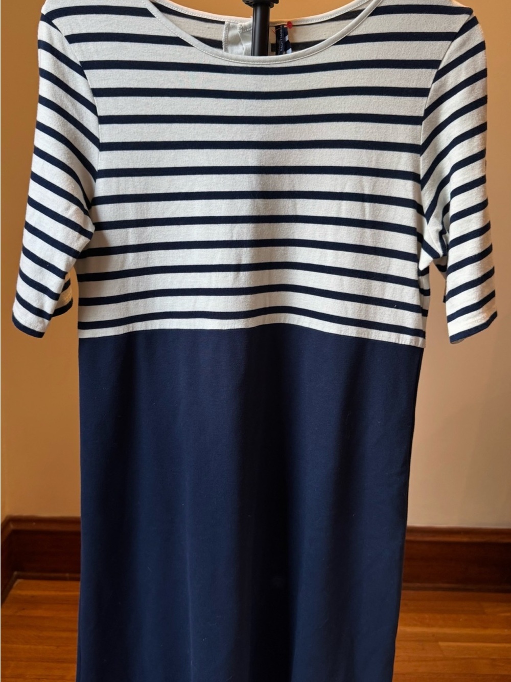 Saint James Mademoiselle Striped Dress 10 Navy Blue White Panel Knit Button Back